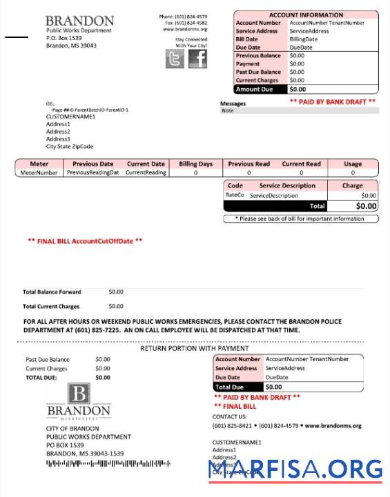 Downloadable USA BRANDON MISSISSIPPI utility bill Word and PDF template